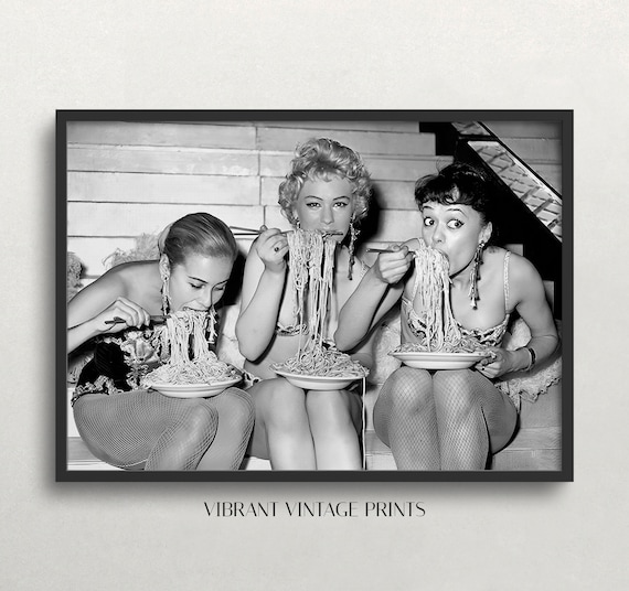 Women Eating Pasta, Vintage Black And White Art Print