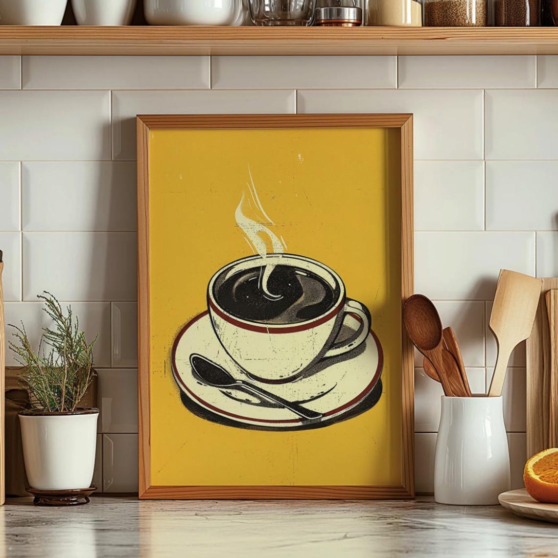 Steaming Coffee Cup Retro Mustard Yellow Kitchen Decor Poster - Image 3