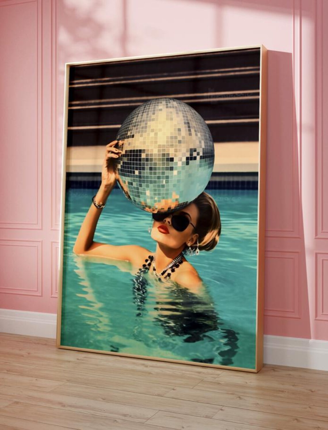 Woman Holding Disco Ball in Pool Retro Glam Summer Trendy Photo Poster - Image 5