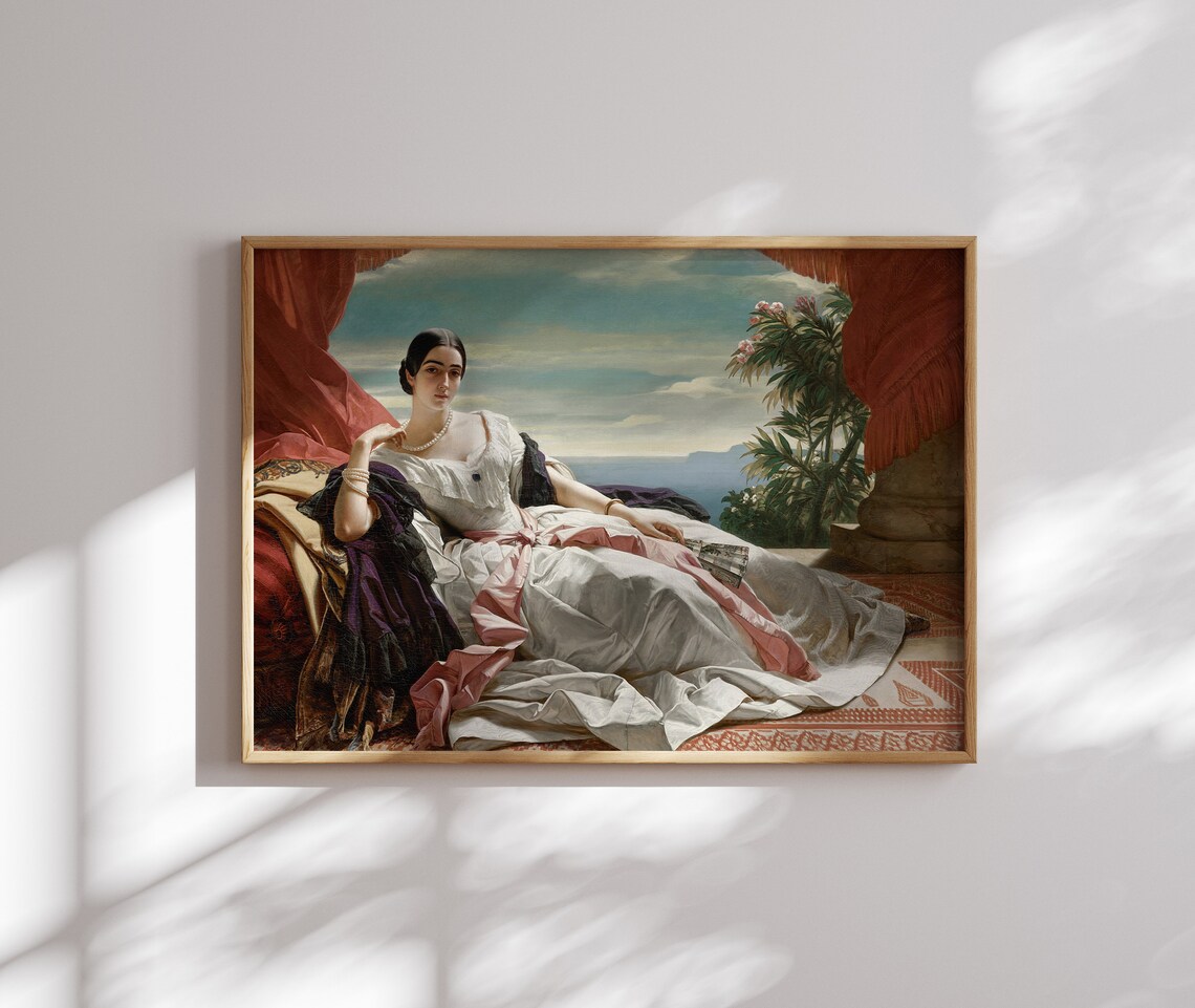 Reclining Woman in White Gown on Terrace Overlooking the Sea Poster - Image 4