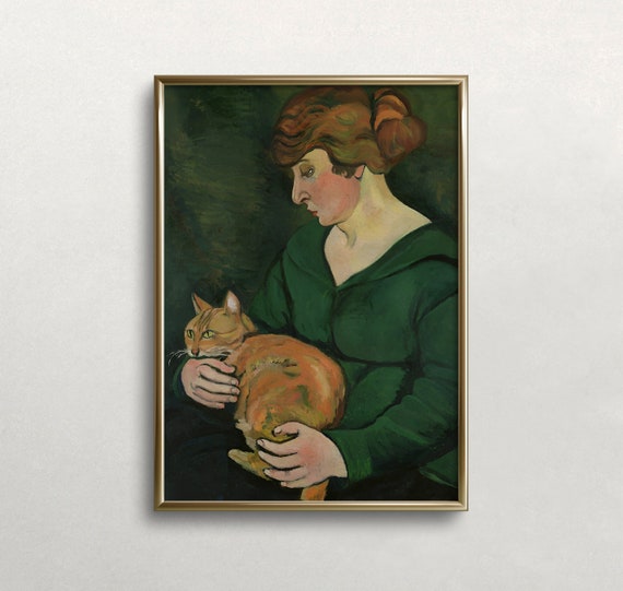Woman and Cat Vintage Wall Art Poster Print