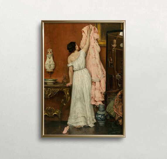 Woman Choosing Pink Dress Vintage Interior Oil Painting Elegant Art Poster