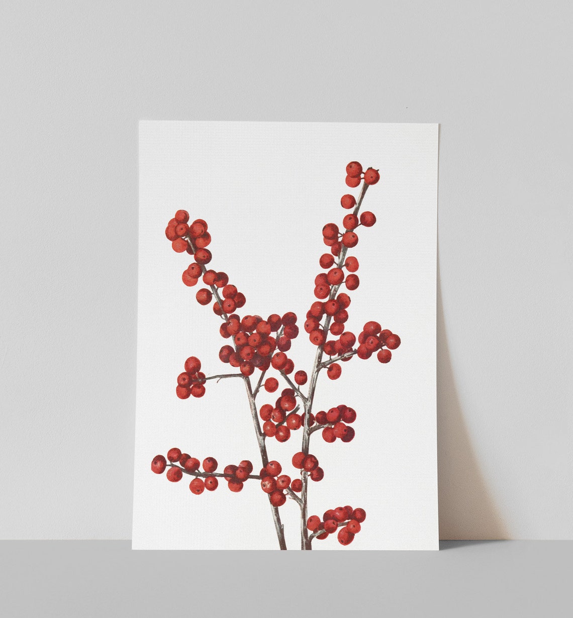 Red Winterberry Branches Vintage Christmas Botanical Wall Poster
