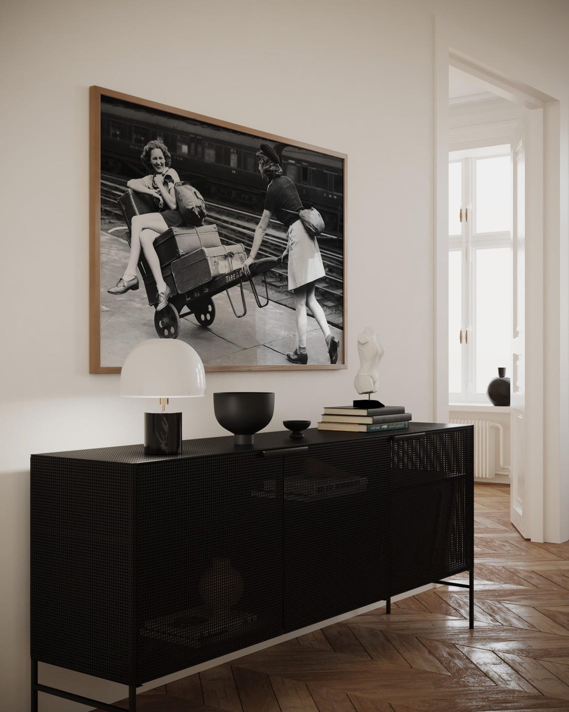 Luggage Cart Black And White Art Vintage Wall Art Women Friends Women Art Train Station Old Photo Wall Art - Image 2