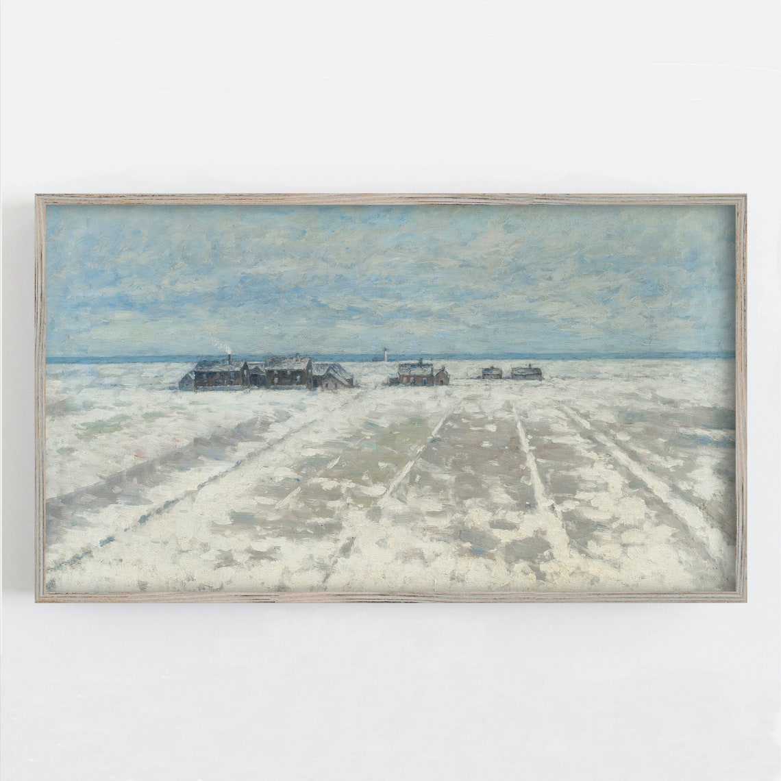 Winter Snow Landscape Frozen Field Cabins Muted Neutral Style Print