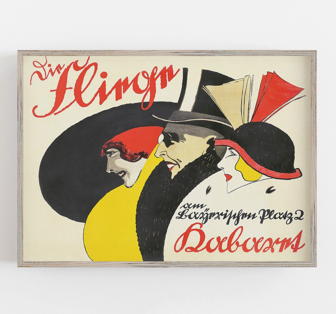 Art Deco Man Top Hat Two Women Fashion Illustration Vintage Poster