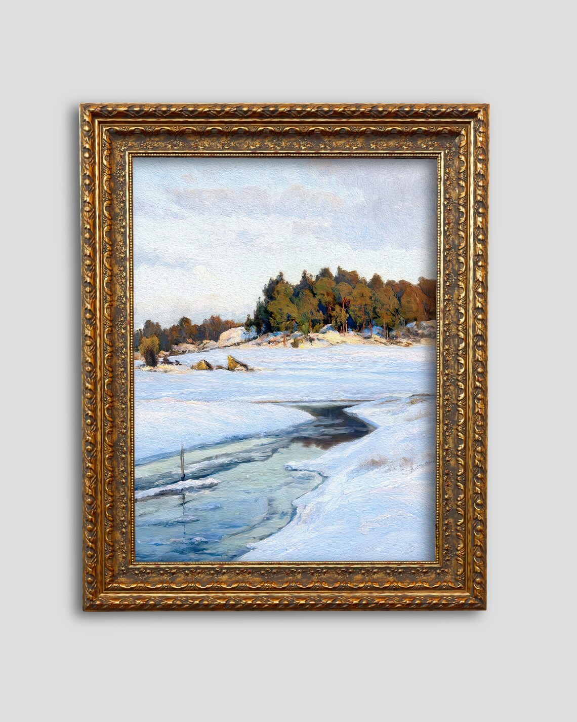 Winter Stream Melting Snow Rocky Island Pines Vintage Wall Art - Image 2