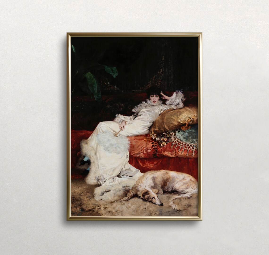 Vintage Woman and Dog Portrait, Moody Wall Art Print