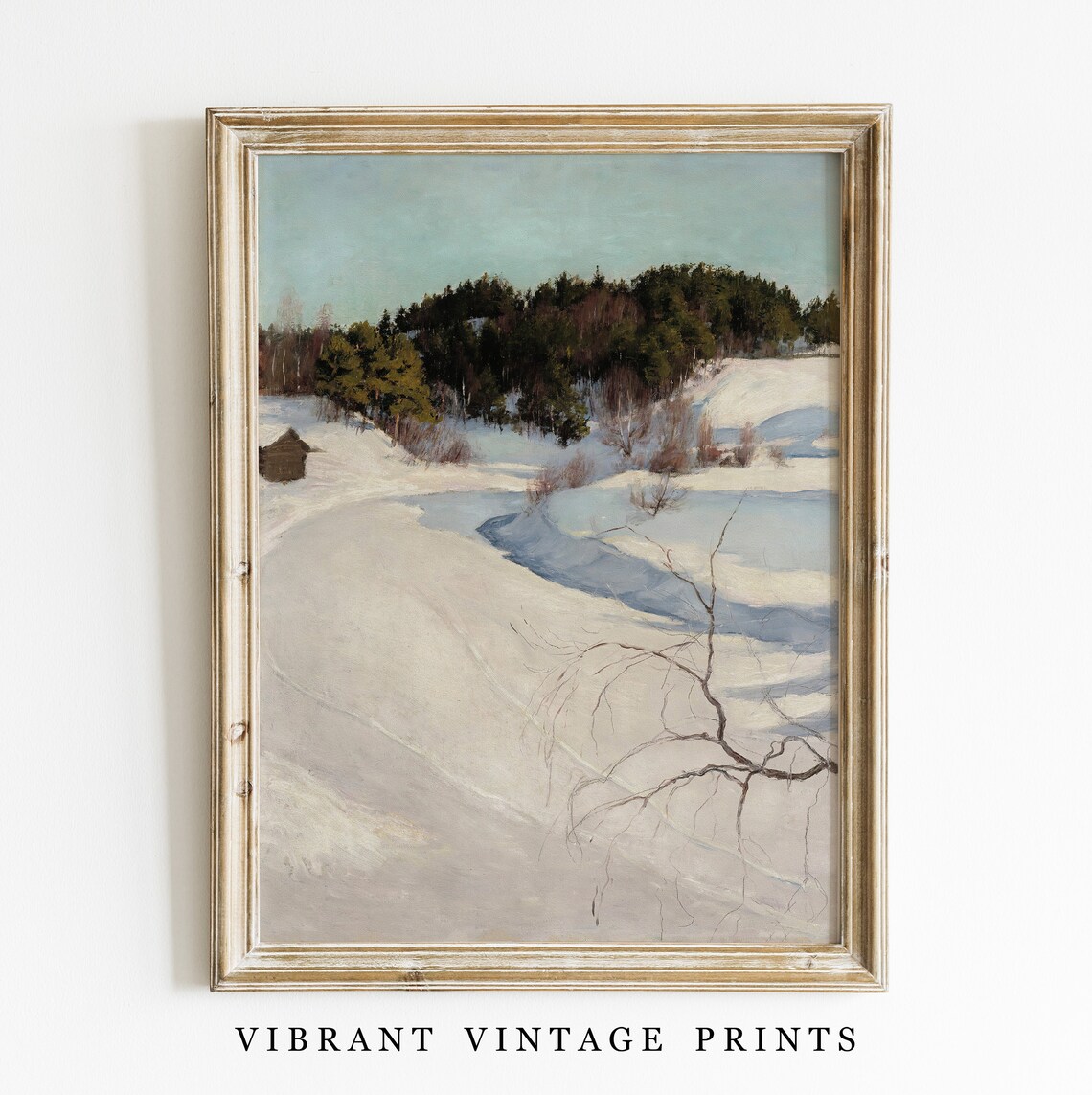 Snowy River Bend Winter Pines Small Cabin Vintage Landscape Wall Art - Image 2