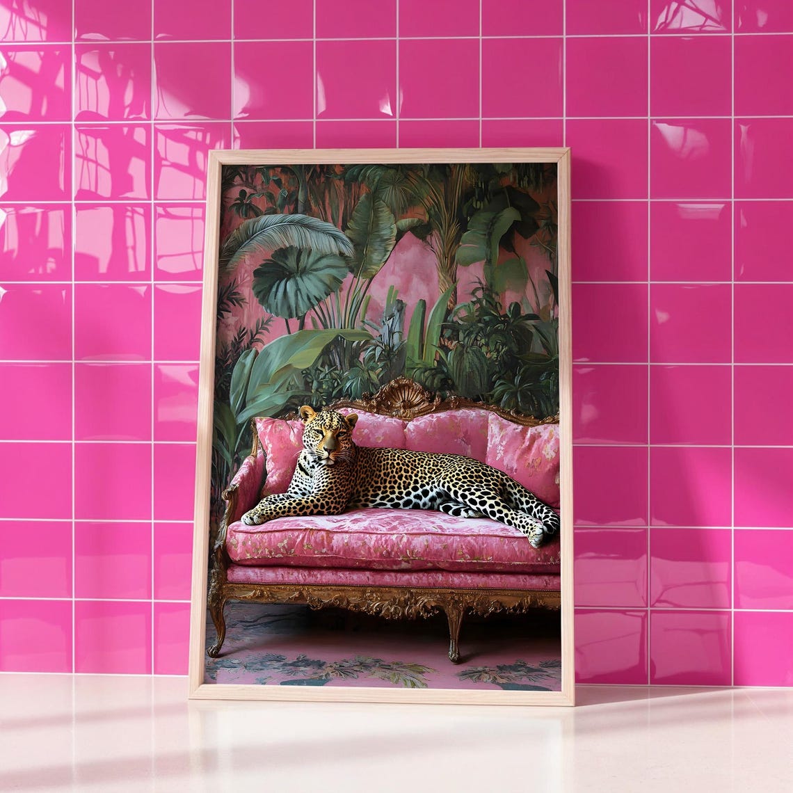 Leopard Lounging on Pink Velvet Couch Tropical Maximalist Photo Poster - Image 3