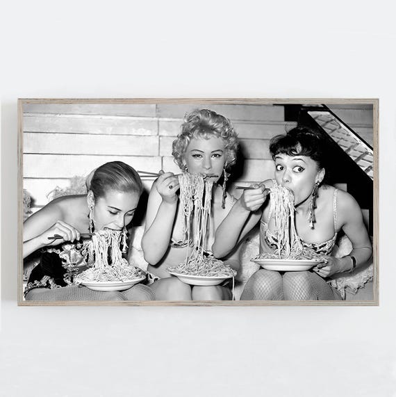 Women Eating Pasta, Vintage Black And White Print