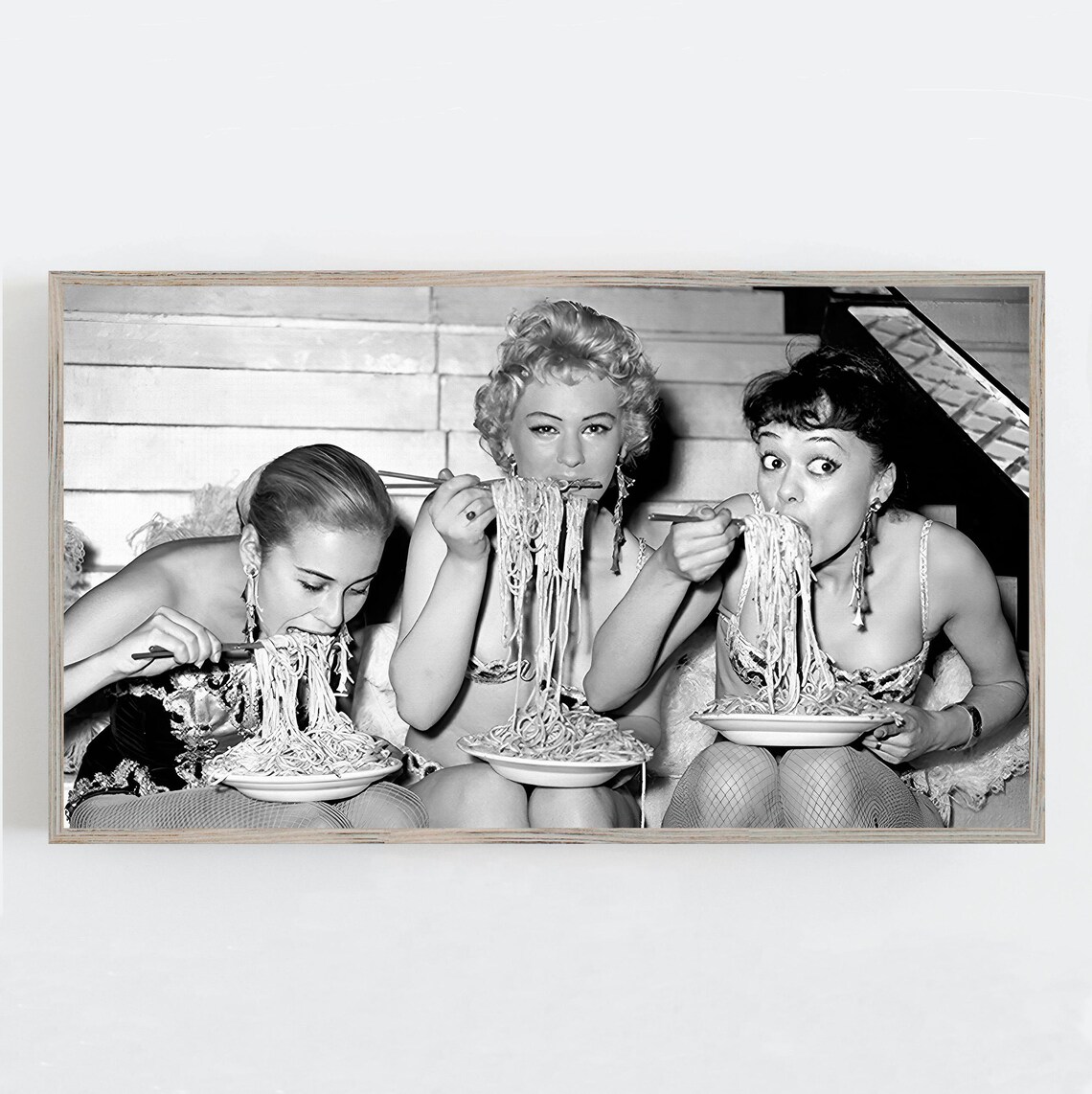Women Eating Pasta, Vintage Black And White Print