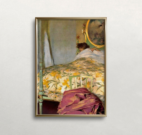 Woman Waking In Bed Floral Quilt Impressionist Morning Art Print
