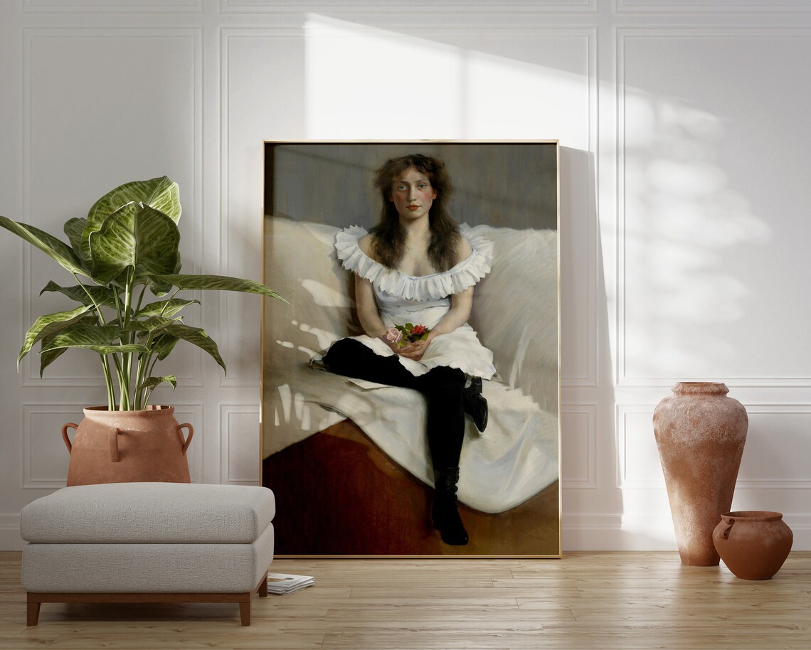 Young Woman in White Dress with Roses Seated Vintage Portrait Poster - Image 4