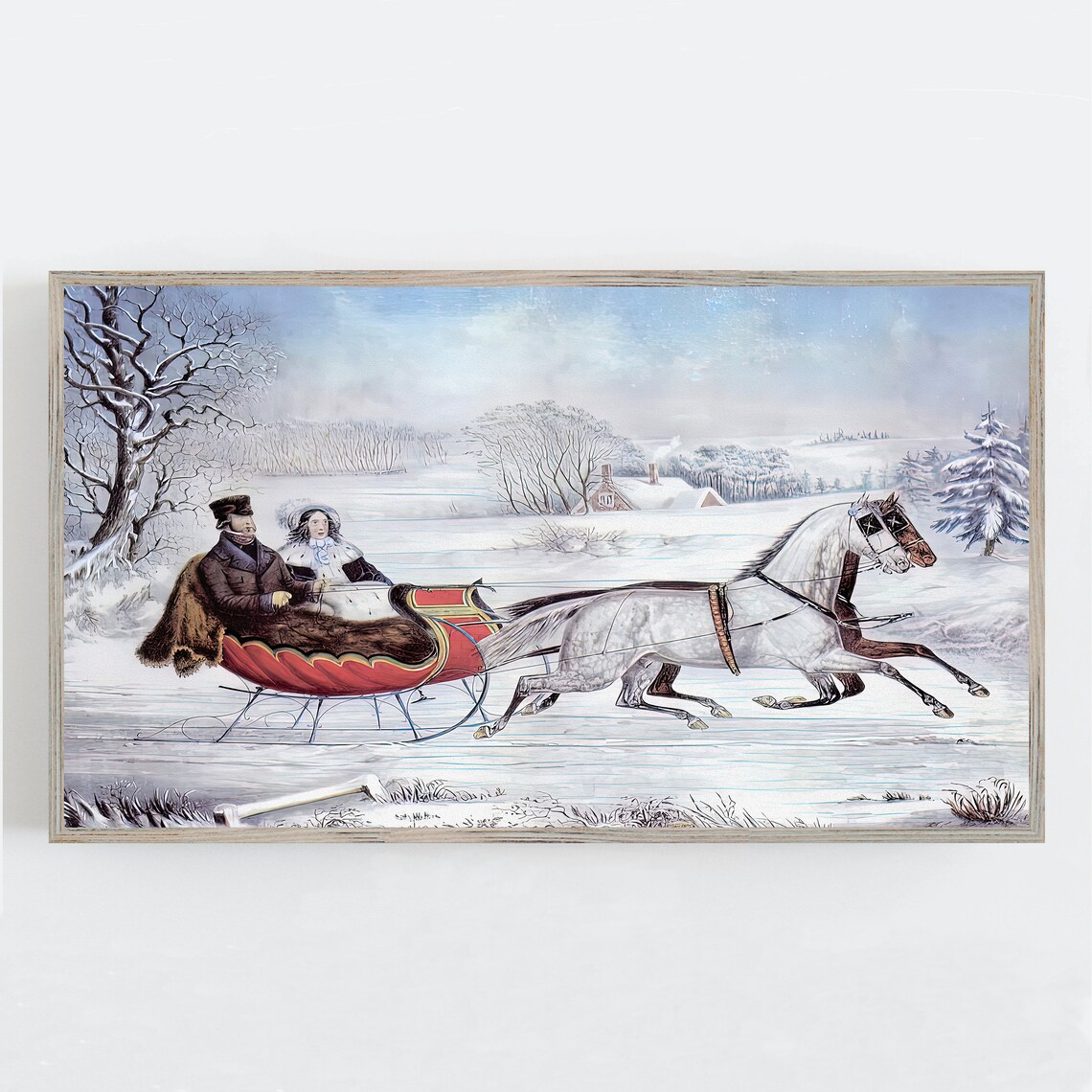 Horse Drawn Sleigh Snowy Winter Scene Vintage Christmas Wall Art - Image 2