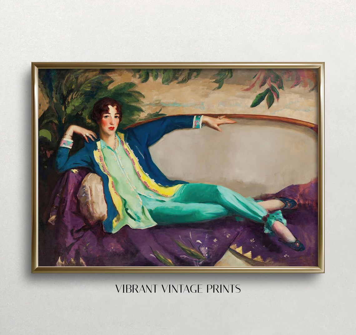 1920s Woman Reclining on Couch Vintage Portrait Oil Painting Print