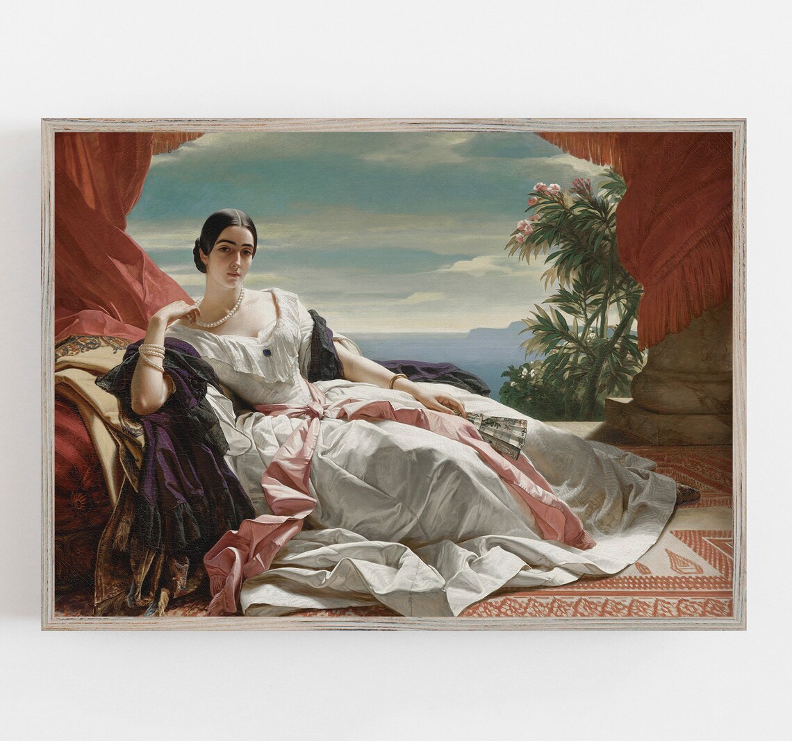 Reclining Woman in White Gown on Terrace Overlooking the Sea Poster - Image 2