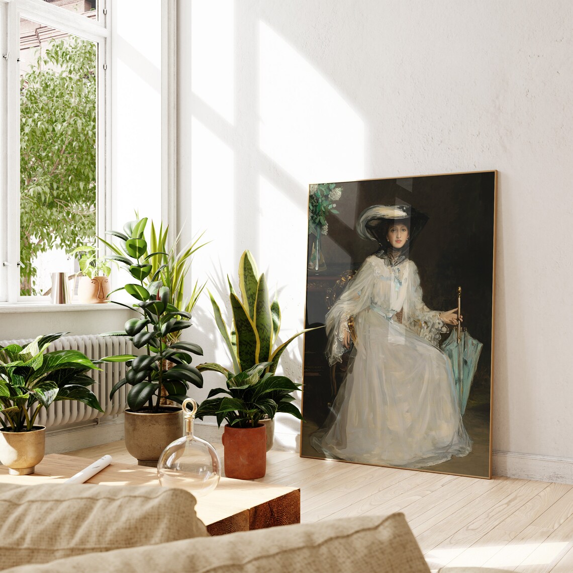 Elegant Lady in White Gown and Hat with Parasol Vintage Portrait Poster - Image 2