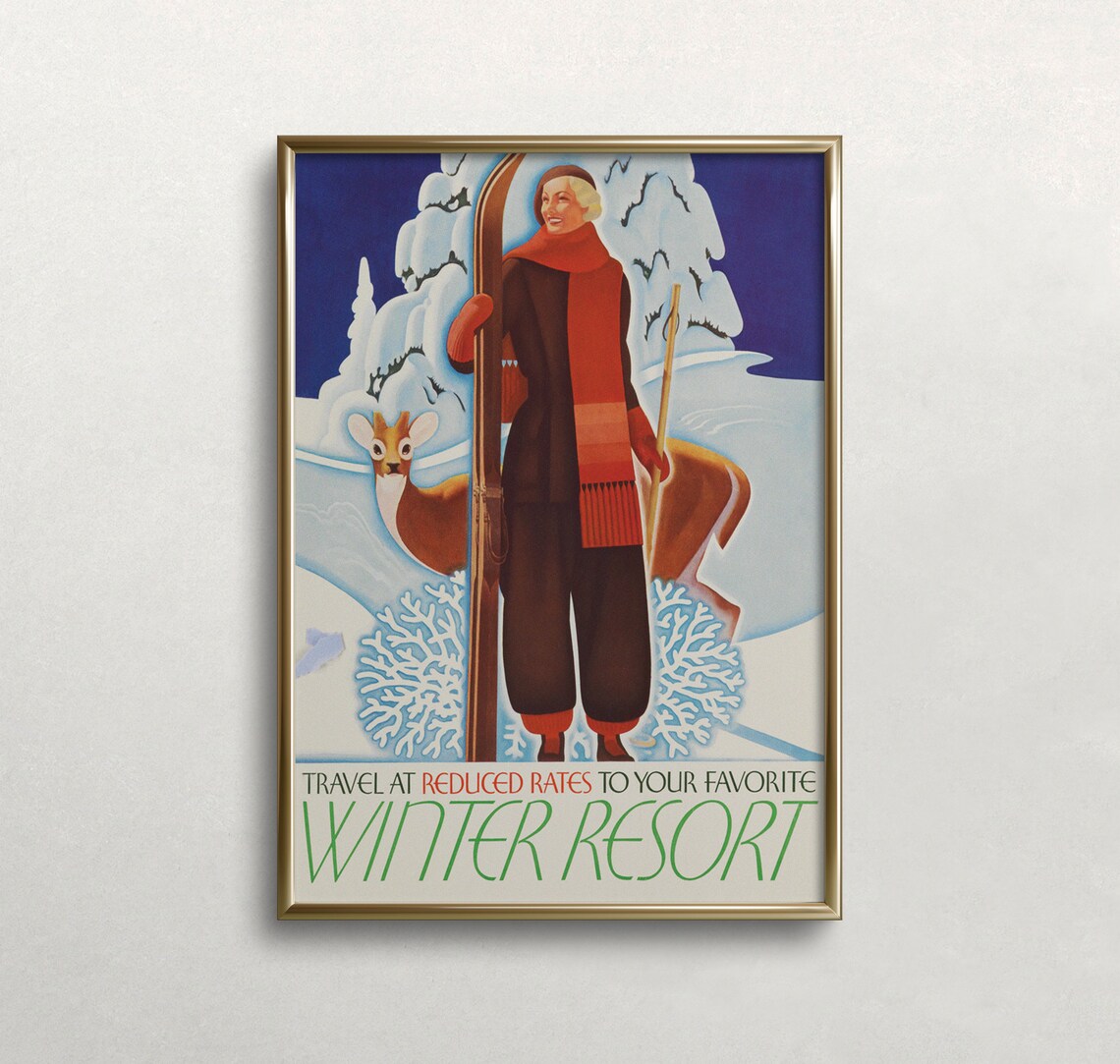 Vintage Ski Poster, Art Deco Winter Wall Art Print