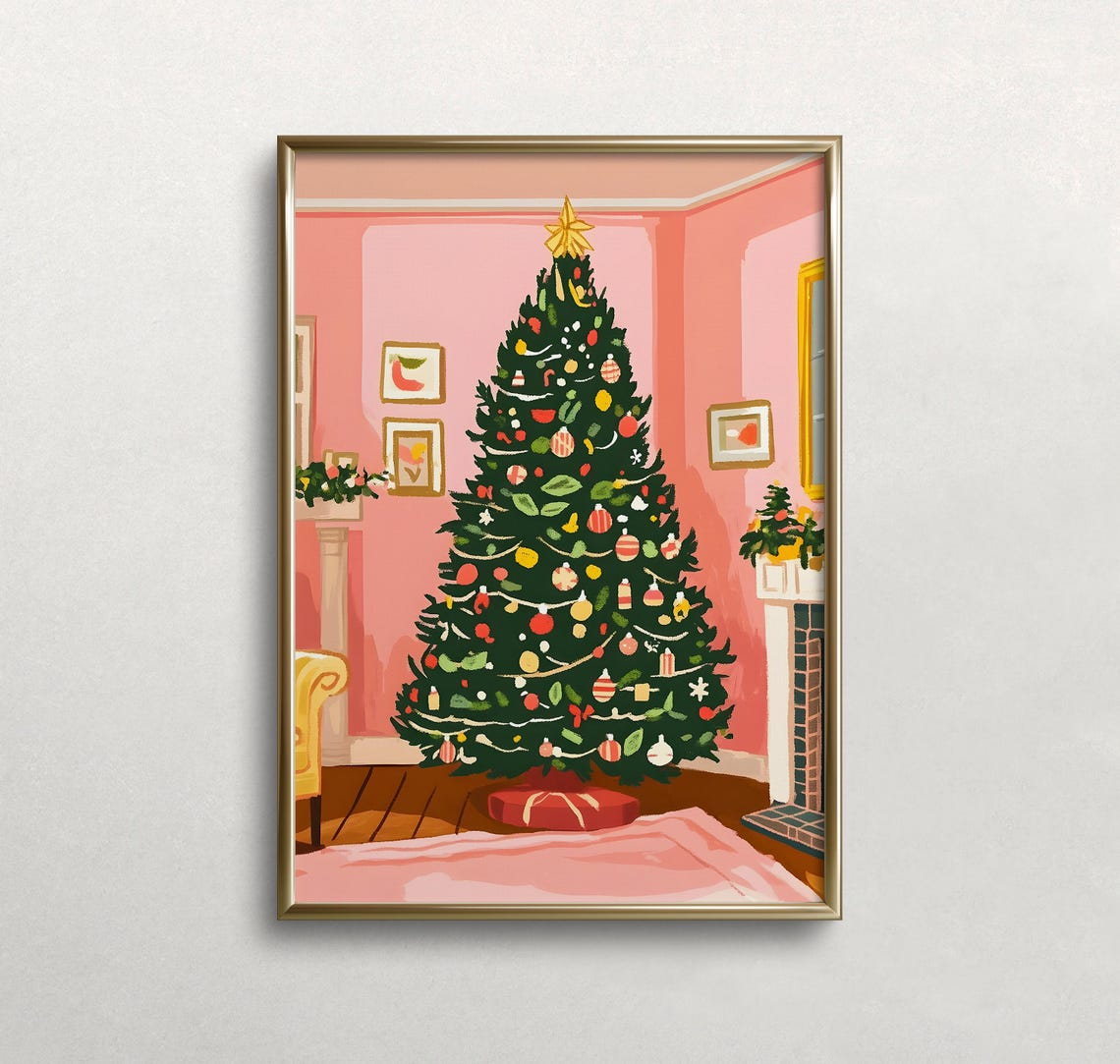 Pink Room Christmas Tree Decorated Modern Holiday Art Poster