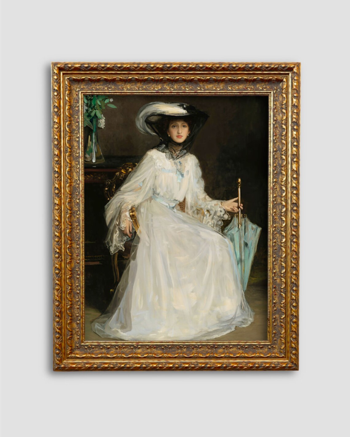 Elegant Lady in White Gown and Hat with Parasol Vintage Portrait Poster - Image 4