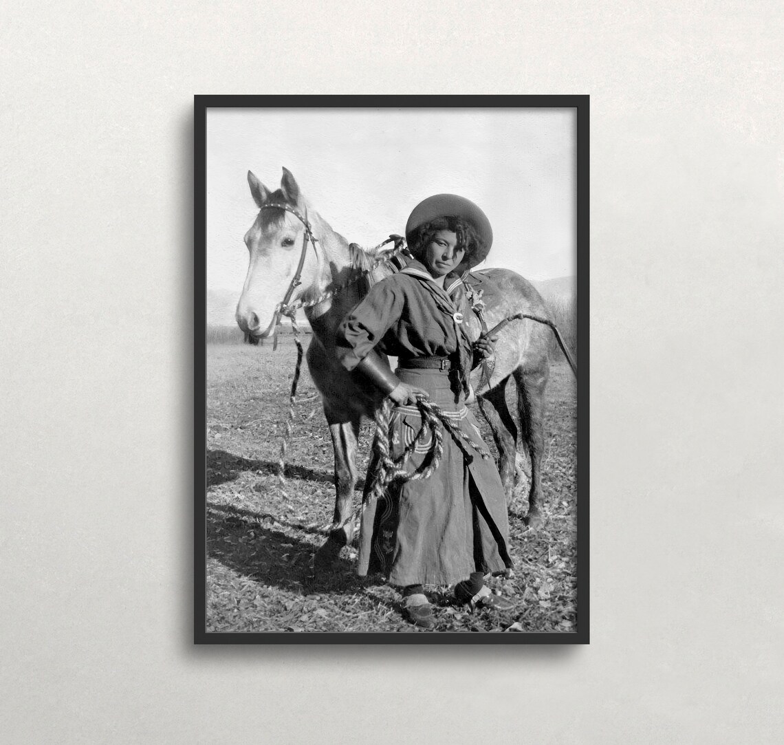 Black White Cowgirl With Horse Vintage Western Photo Lasso Wall Print