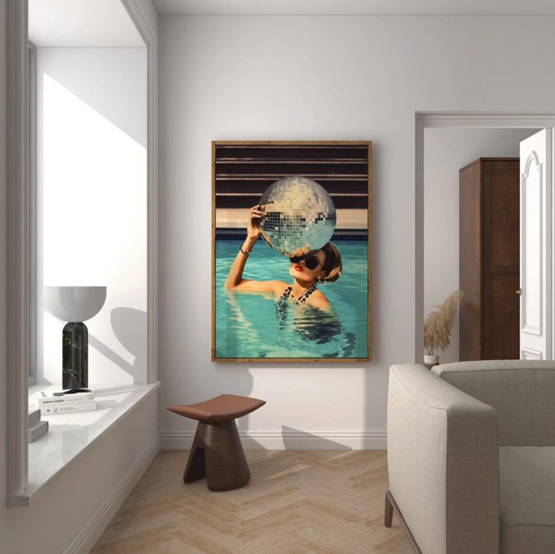 Woman Holding Disco Ball in Pool Retro Glam Summer Trendy Photo Poster - Image 2