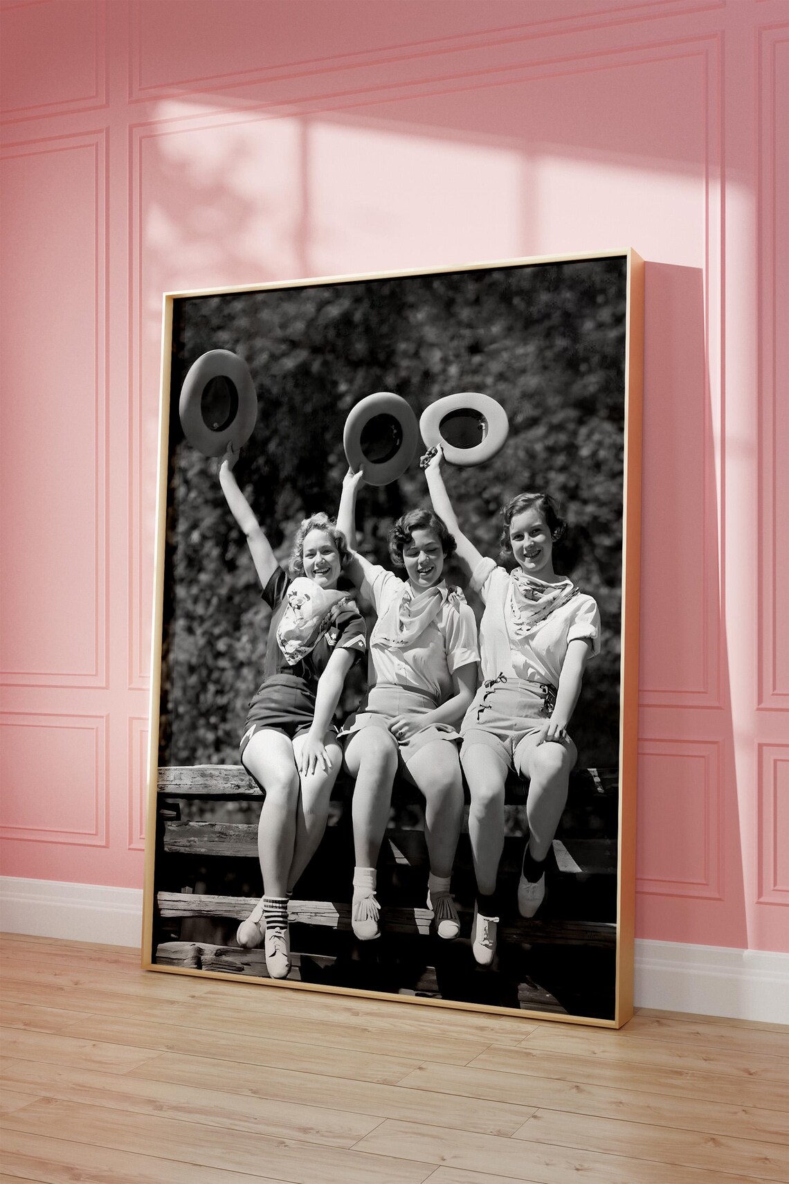 Three Smiling Cowgirls Holding Cowboy Hats Up Vintage Photo Poster - Image 2