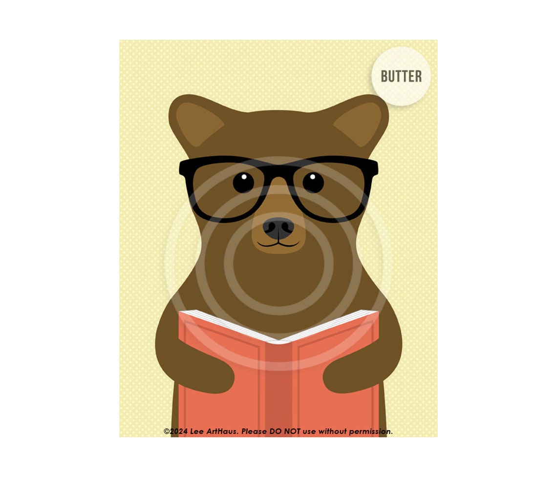 Brown Bear With Glasses Reading Book Cute Animal Nursery Art Poster