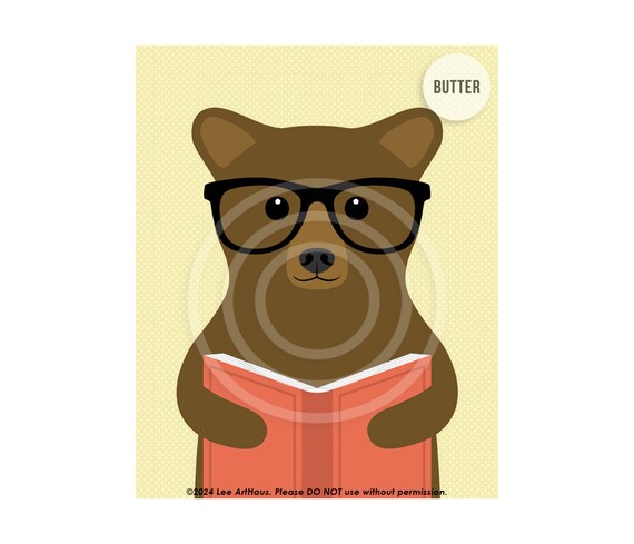 Brown Bear With Glasses Reading Book Cute Animal Nursery Art Poster