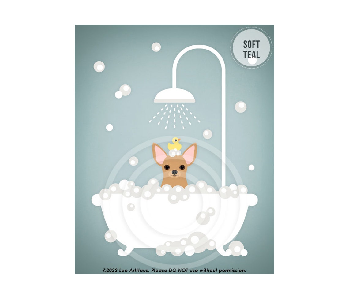 Tan Chihuahua Bubble Bath Shower Rubber Ducky Teal Bathroom Poster - Image 4