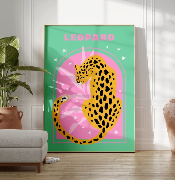 Leopard Sitting On Pink Green Retro Jungle Animal Safari Art Poster
