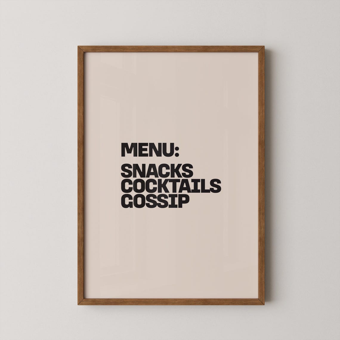 Menu Snacks Cocktails Gossip Minimalist Kitchen Quote Art Print