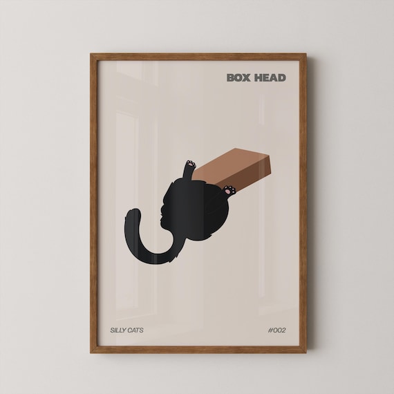 Box Head Silly Cats Black Cat Cardboard Box Funny Minimalist Poster