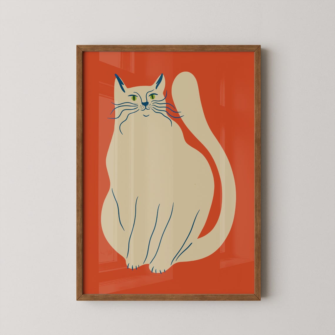 Cream Cat Green Eyes Bold Orange Background Minimal Modern Cat Poster