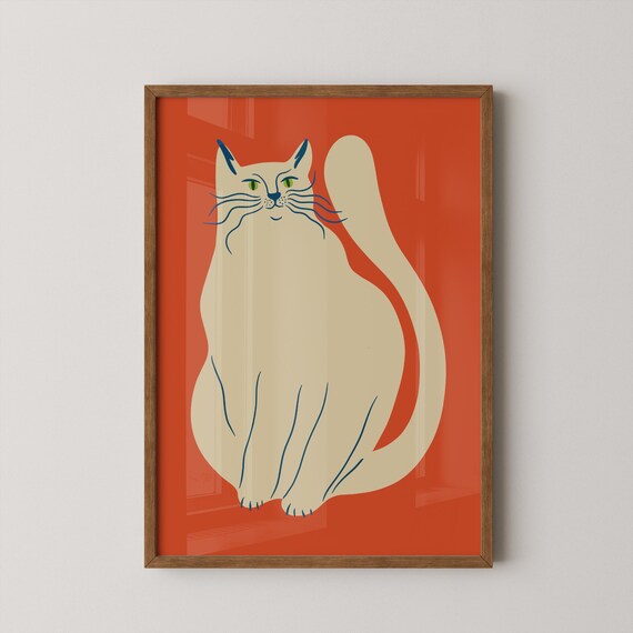 Cream Cat Green Eyes Bold Orange Background Minimal Modern Cat Poster