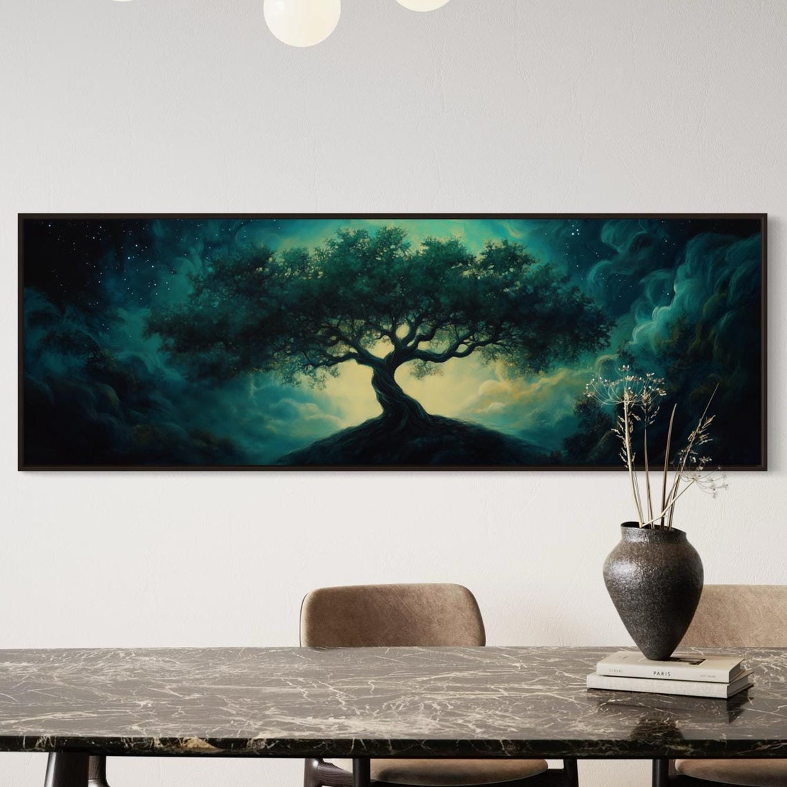 Glowing Tree Of Life Starry Night Teal Panoramic Mystical Poster