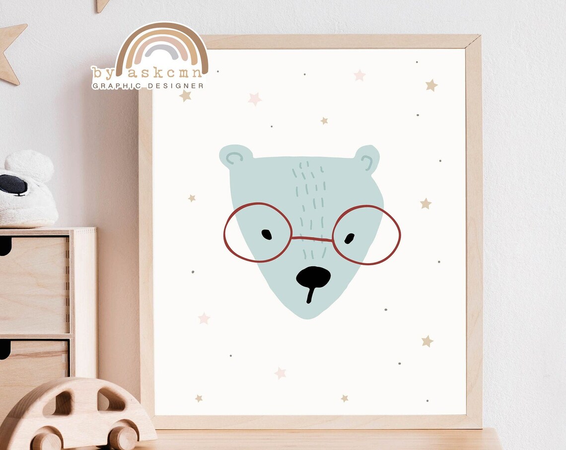 Mint Bear Red Round Glasses Cute Nursery Animal Wall Decor Poster