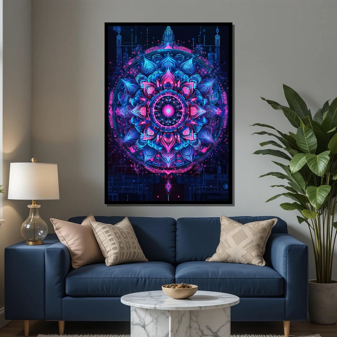 Neon Blue And Pink Mandala Sacred Geometry Spiritual Abstract Poster - Image 2