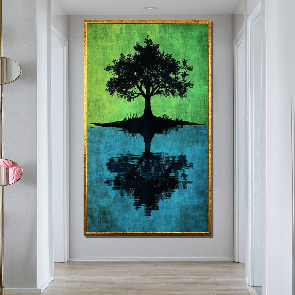 Tree Reflection Painting Minimalist Nature Wall Art Blue And Green Abstract Decor Unique Gift For Home