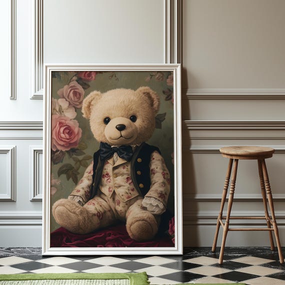 Regal Teddy Bear Art Print, Storybook Nursery Decor