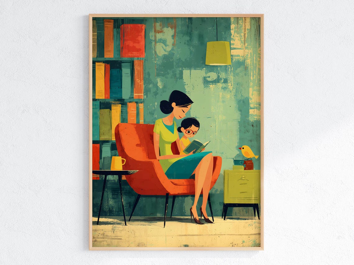 Mother Reading To Daughter, Mid-Century Modern Art Print