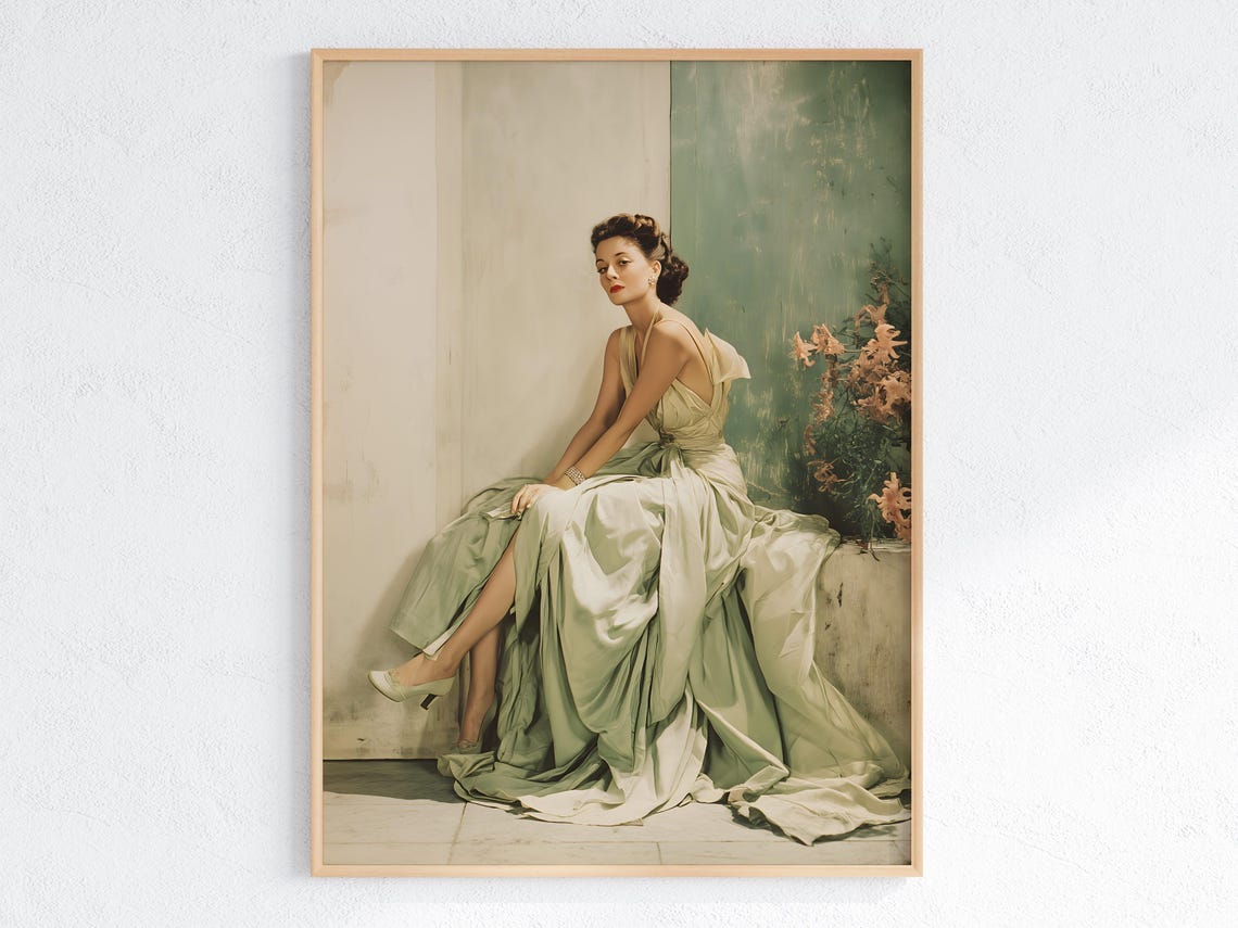 Retro Vintage Glamour Woman In Green Gown