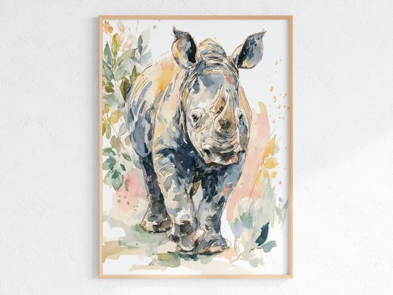 Baby Rhino Watercolor Art, Safari Nursery Decor