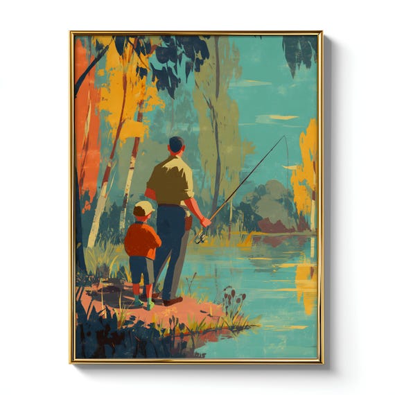 Serene Forest Lake Fishing Vintage Artwork, Cabin Decor