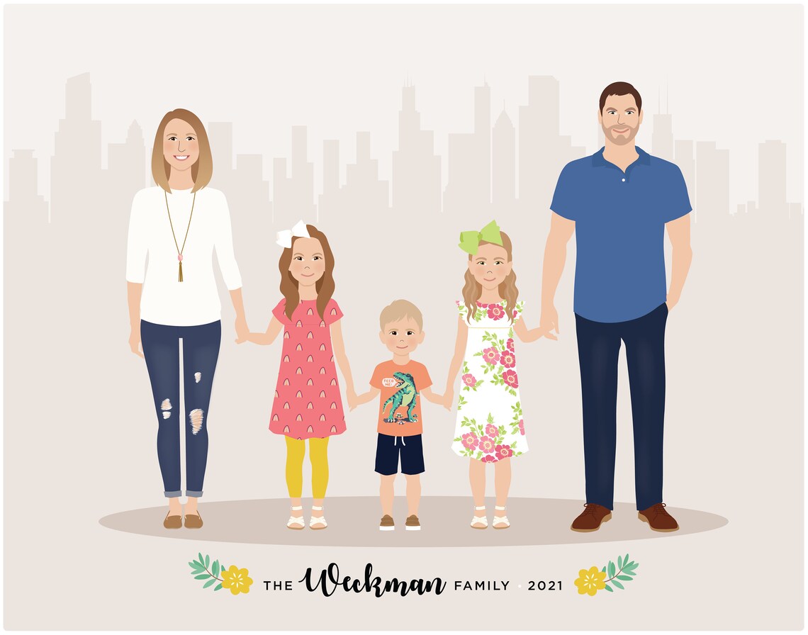 Personalized Family of Five with Dog Illustration Portrait Poster - Image 5
