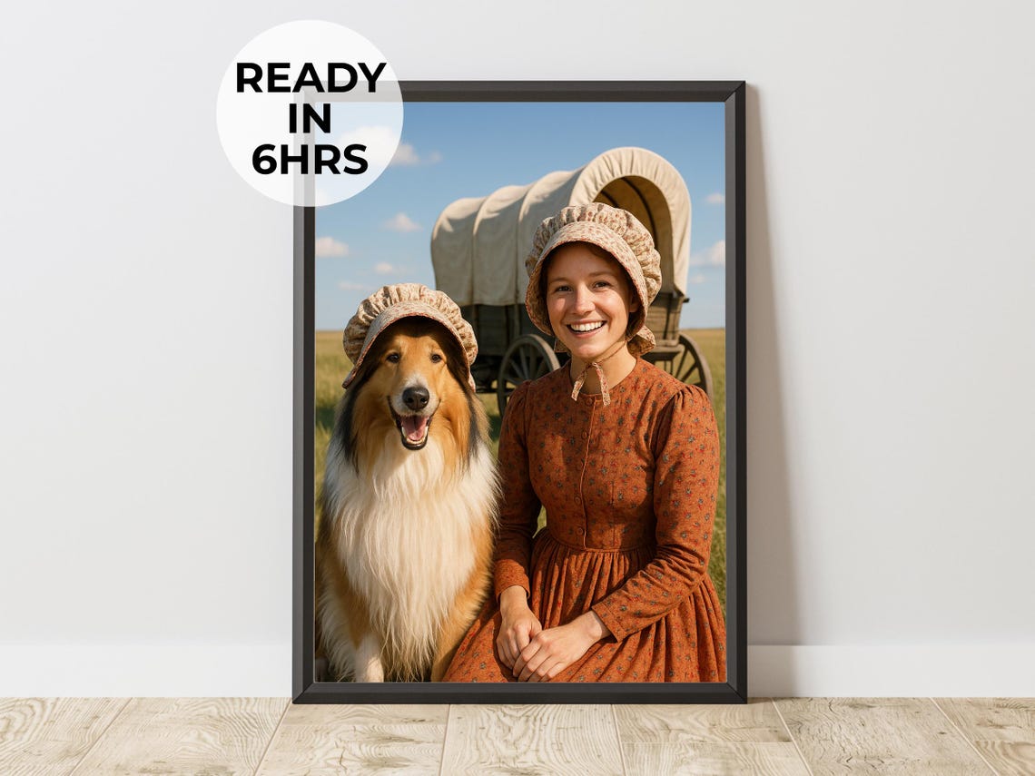 Pioneer Prairie Collie Bonnet Portrait Covered Wagon Scene Poster