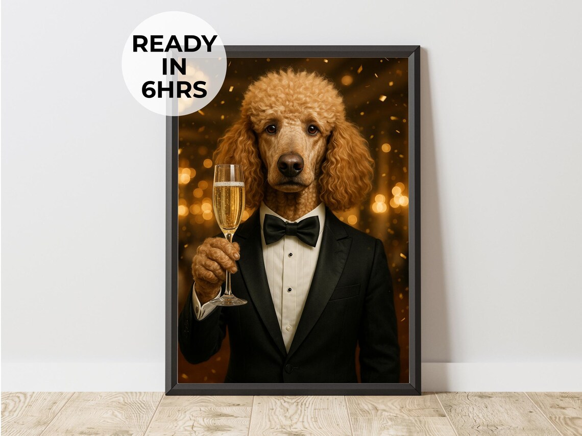 Black Tie Poodle Tuxedo Champagne Glass New Year Party Portrait Poster