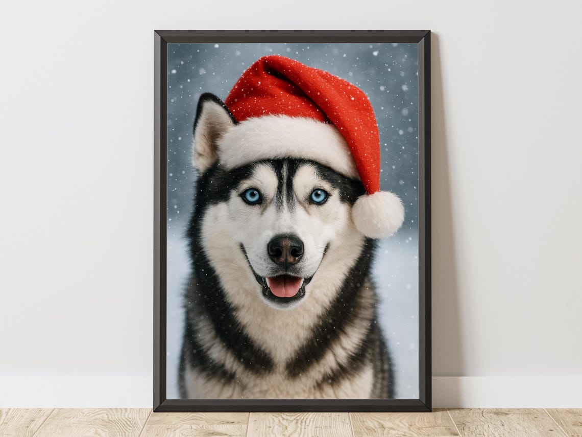 Siberian Husky Wearing Santa Hat in Snow Christmas Art Poster
