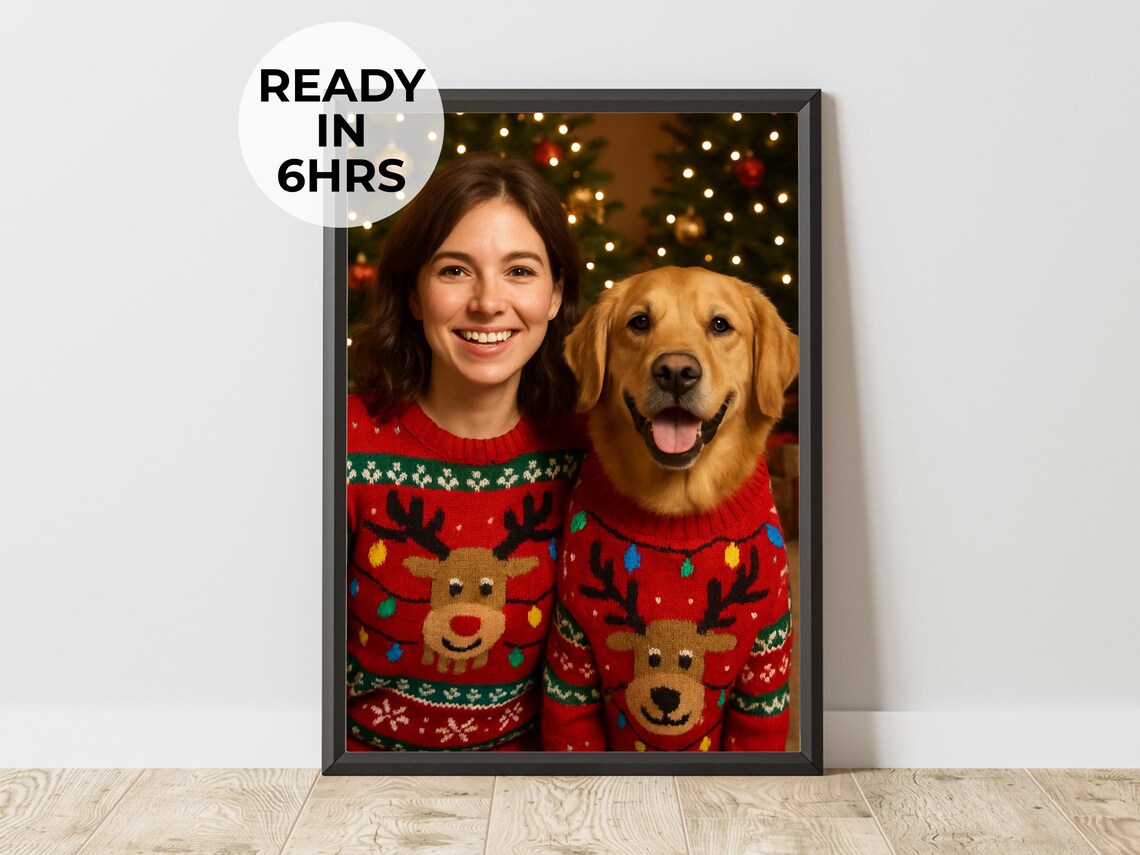 Custom Matching Sweater Pet Portrait Reindeer Christmas Dog Poster